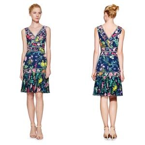 TADASHI SHOJI Olga Navy Floral Midi Dress V-Neck Sleeveless Size 6 flower EUC